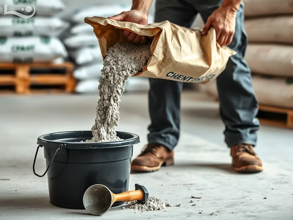 Pracownik wsypuje suchą mieszankę cementu z worka 25 kg do wiadra, obok leżą narzędzia do odmierzania i mieszania betonu.