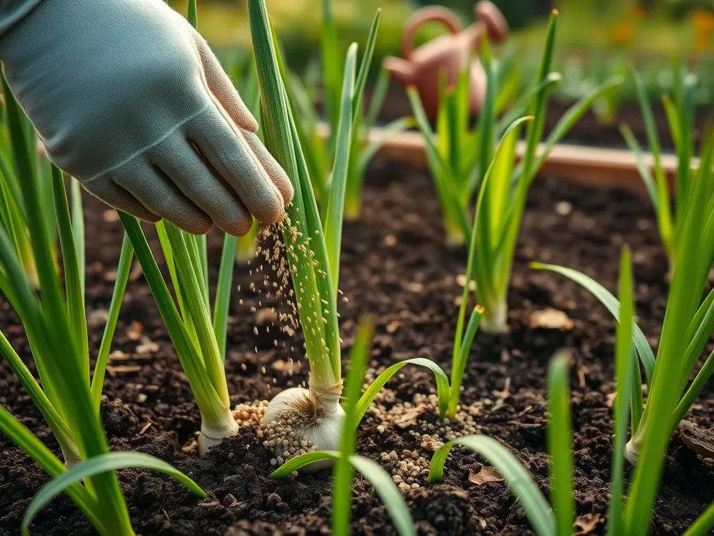 Ręka ogrodnika rozsypuje naturalny nawóz granulowany wokół zdrowych liści czosnku rosnących w żyznej, ciemnej ziemi.