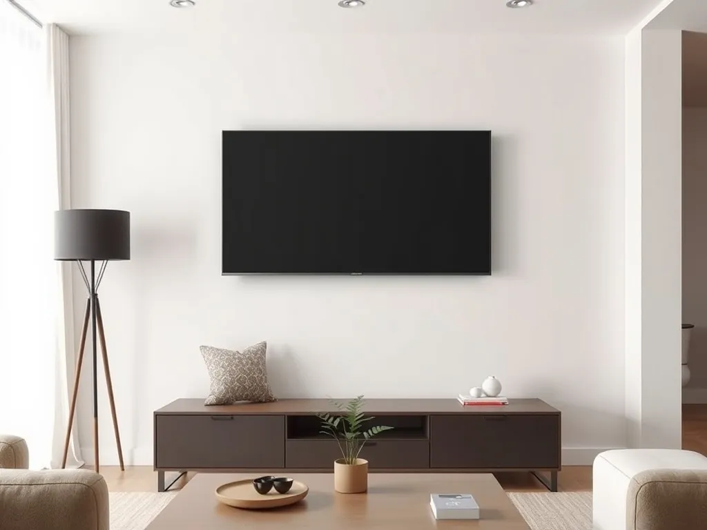 Telewizor 55 cali zawieszony na ścianie na wysokości oczu w nowoczesnym, jasnym salonie z minimalistycznym wystrojem.