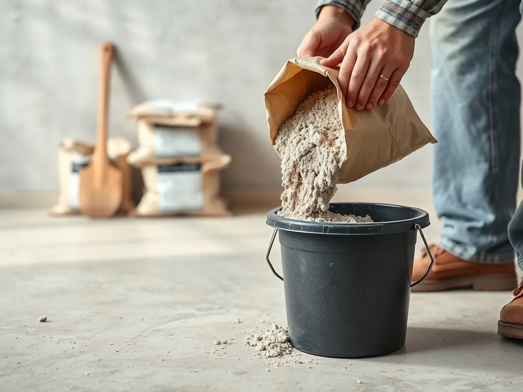 Pracownik wsypuje suchą mieszankę betonu B25 z worka do wiadra, przygotowując podłoże i obliczenie zużycia na m².