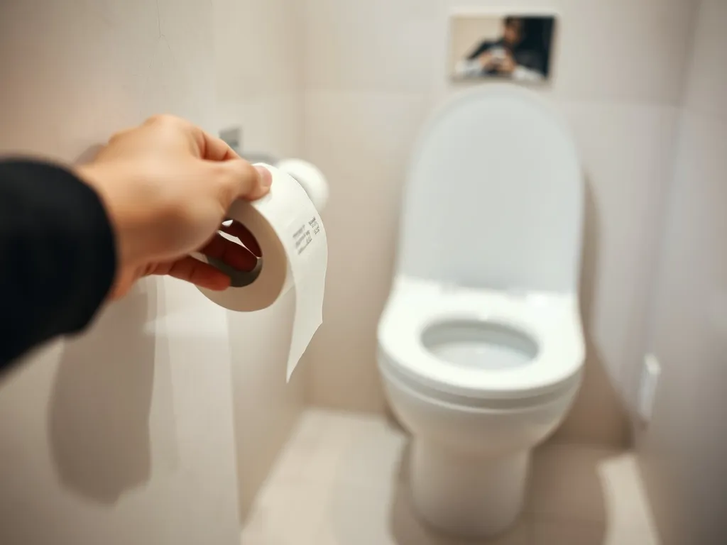 Ręka sięga po uchwyt z rolką papieru toaletowego w nowoczesnej, minimalistycznej łazience, obok muszla klozetowa.