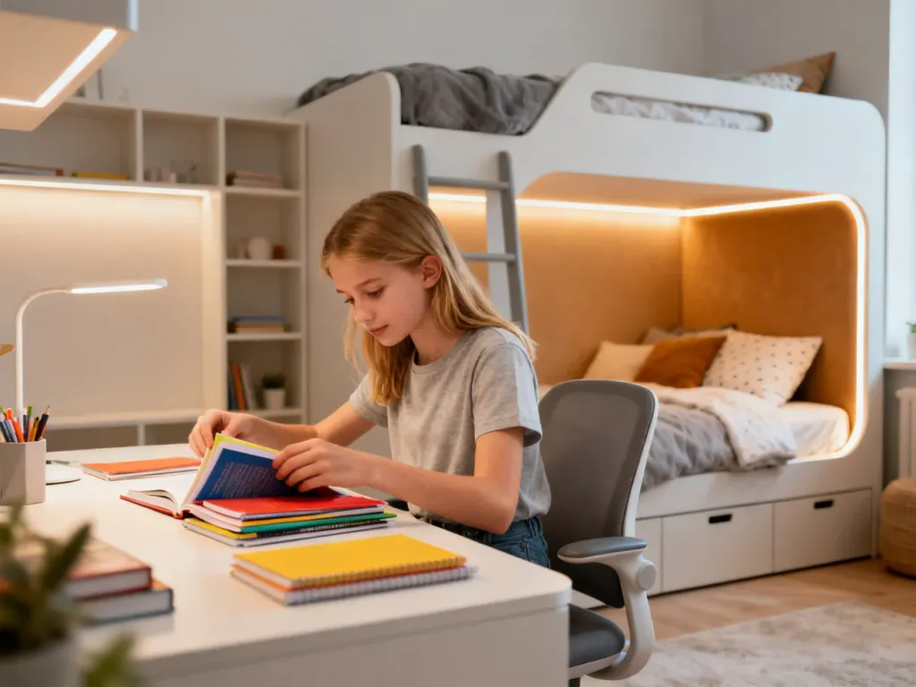 Nowoczesny pokój młodzieżowy z ergonomicznym biurkiem i łóżkiem modułowym, przy którym nastolatka porządkuje przybory.
