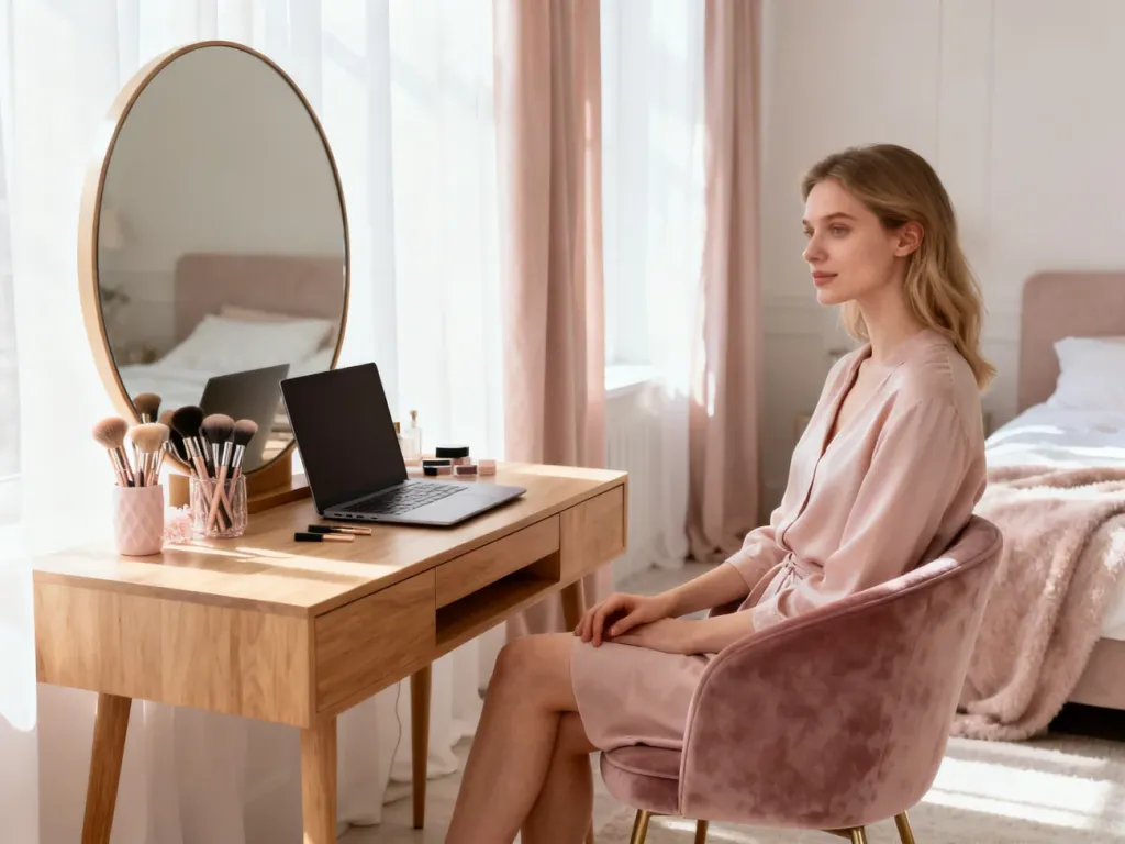 Minimalistyczne biurko z lustrem w jasnej sypialni, pełniące funkcję eleganckiej toaletki i miejsca do pracy.