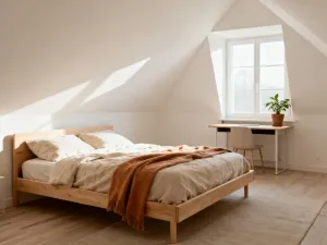 Beżowa sofa z poduszkami w kolorze szałwii i terakoty, prezentująca harmonijne połączenie barw w nowoczesnym salonie.
