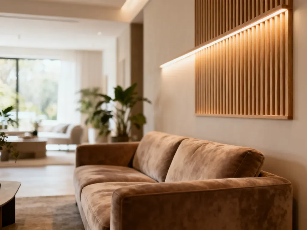 Nowoczesny salon z welurową kanapą na tle ściany z drewnianymi lamelami i nastrojowym oświetleniem.