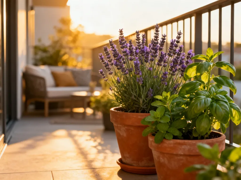 Zadbany balkon z lawendą i ziołami w doniczkach, które naturalnie odstraszają osy.