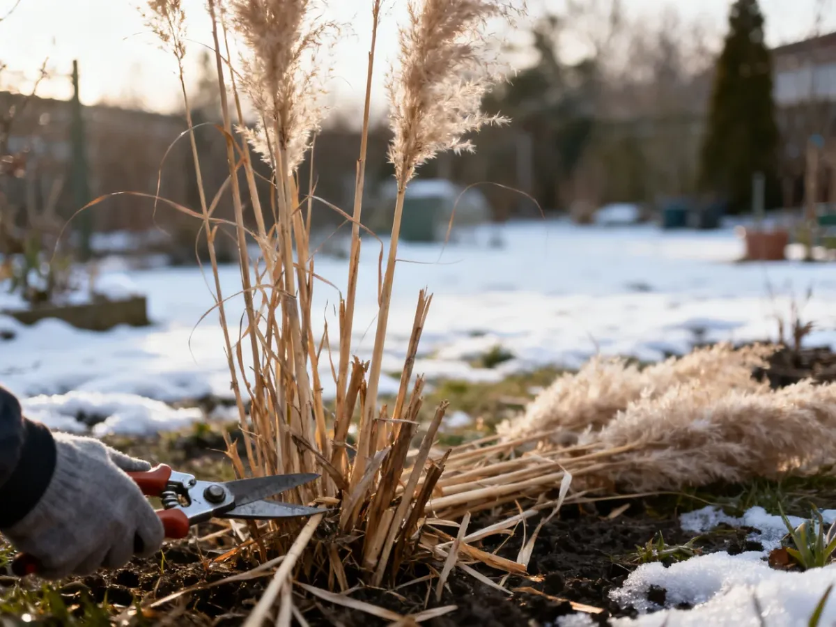 Przycinanie suchych pędów trawy pampasowej wiosną
