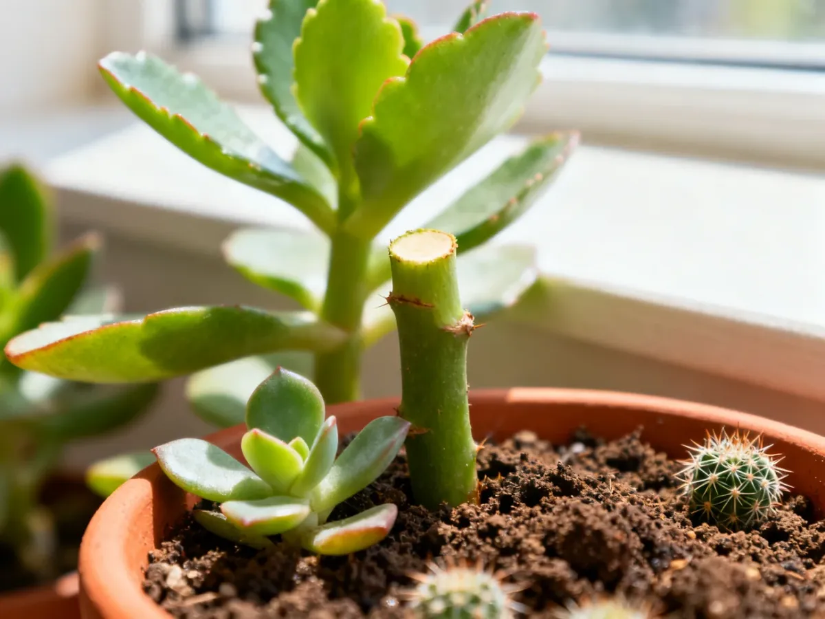 Sadzonki kalanchoe przygotowane do ukorzeniania w podłożu dla sukulentów