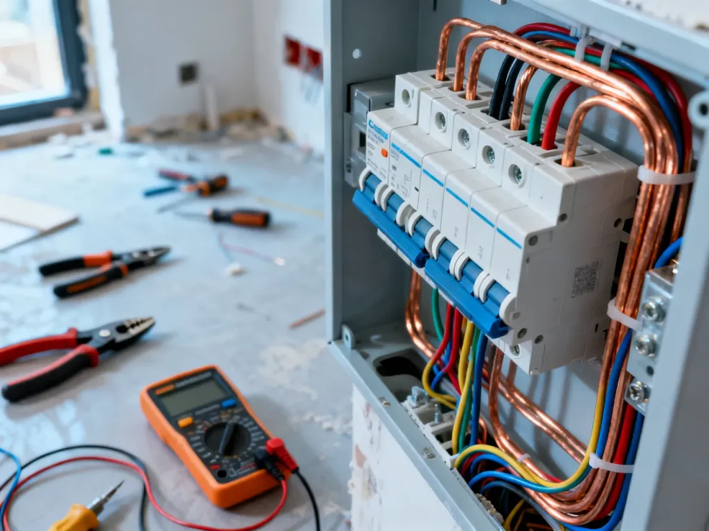 Nowoczesna rozdzielnica elektryczna z uporządkowanym okablowaniem i narzędziami elektryka w tle podczas remontu.