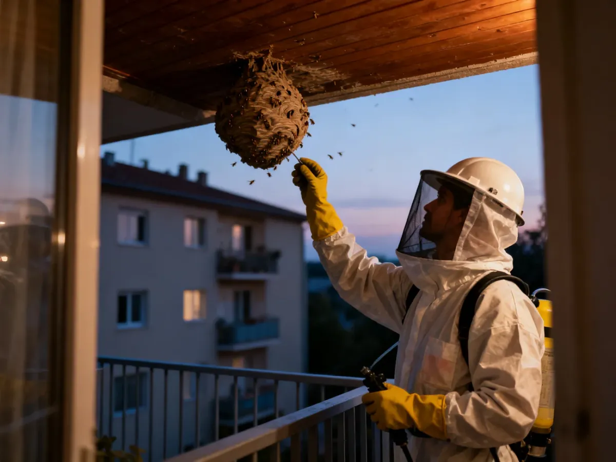 Specjalista w stroju ochronnym usuwa gniazdo os z balkonu