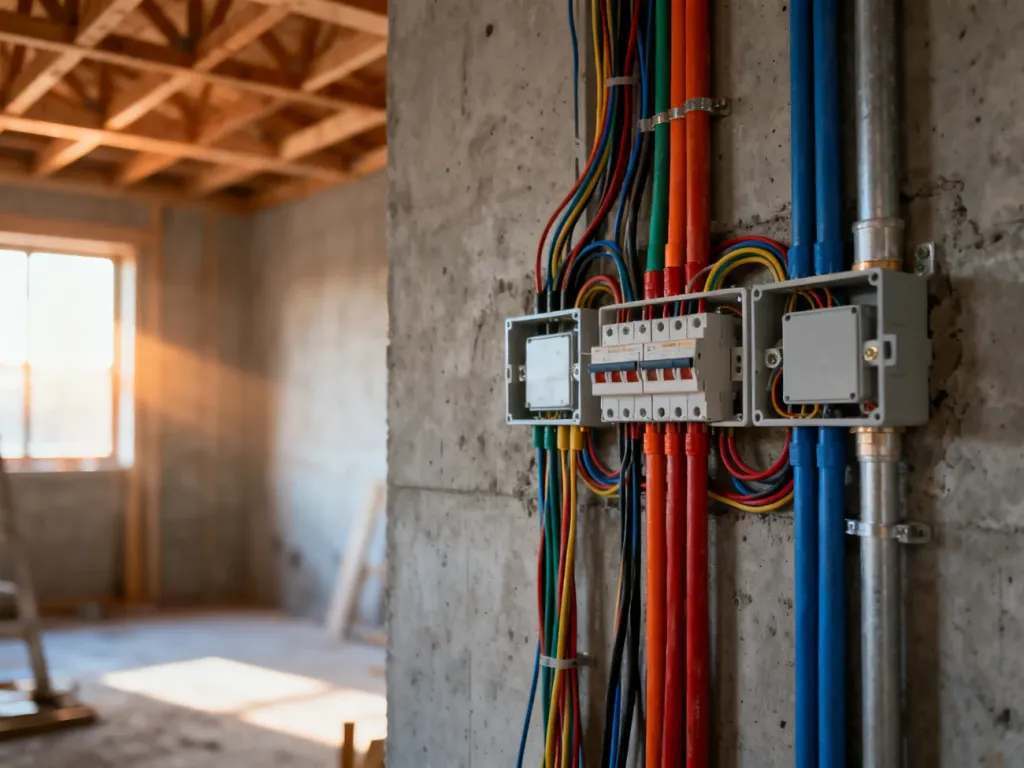 Profesjonalna instalacja elektryczna z przewodami i puszkami na betonowej ścianie w domu w trakcie budowy.