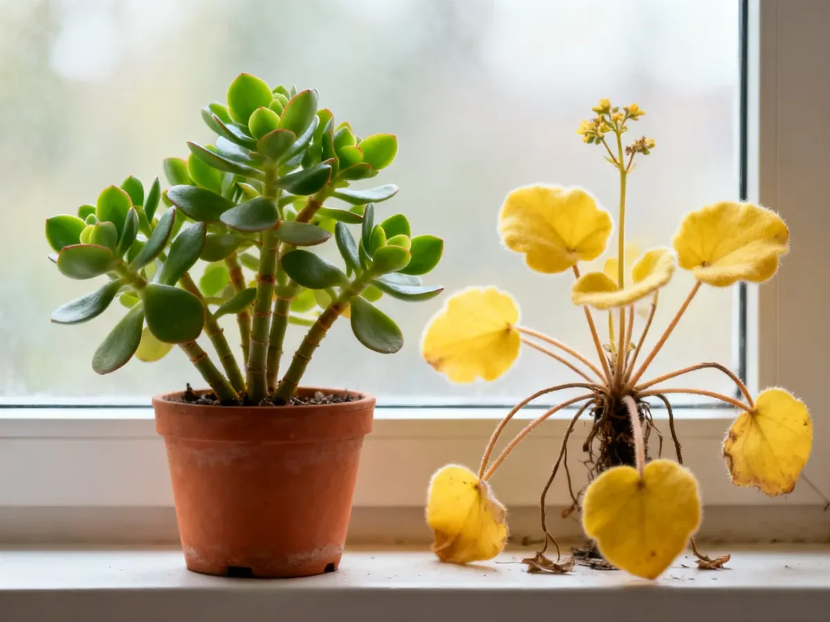 Porównanie zdrowego kalanchoe z rośliną dotkniętą problemami pielęgnacyjnymi