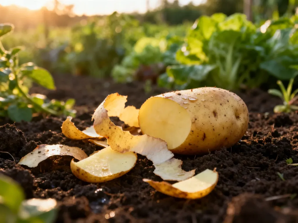 Świeże obierki z ziemniaków rozsypane na żyznej, ciemnej glebie w ogrodzie, przygotowane do użycia jako naturalny nawóz.