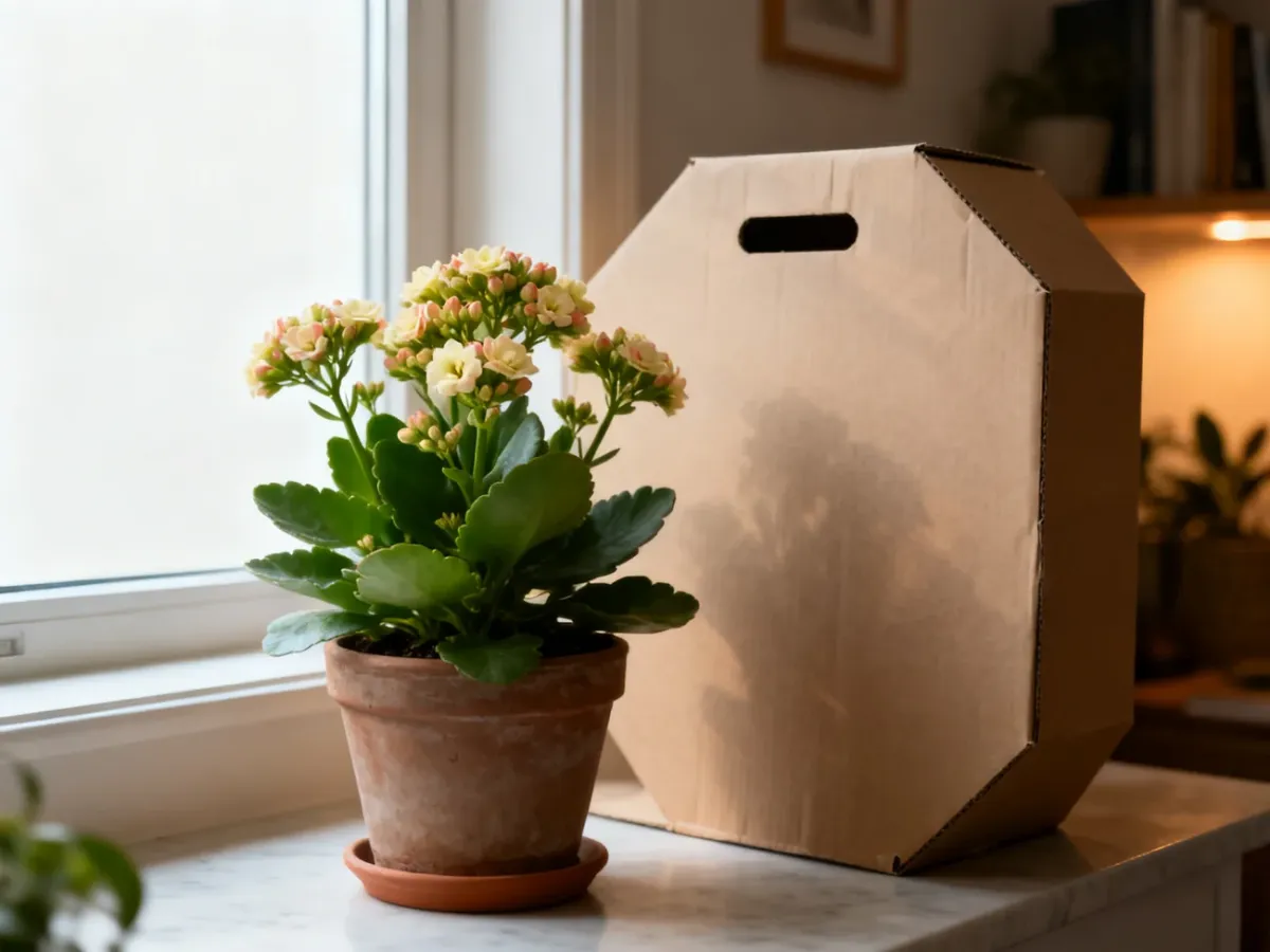 Kalanchoe przykryte kartonem podczas okresu zaciemniania