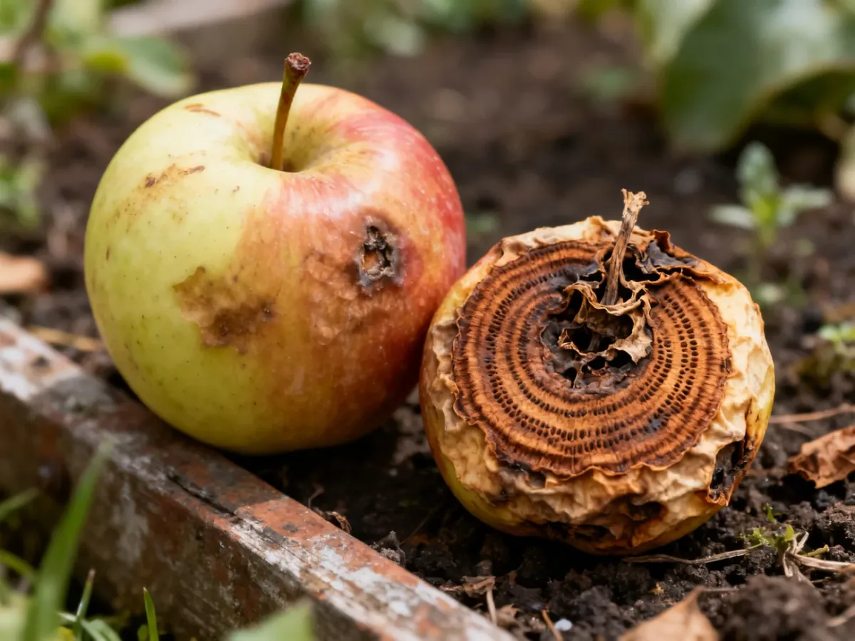 Zdrowe i chore jabłka pokazujące różnice między naturalnym gniciem a brunatną zgnilizną