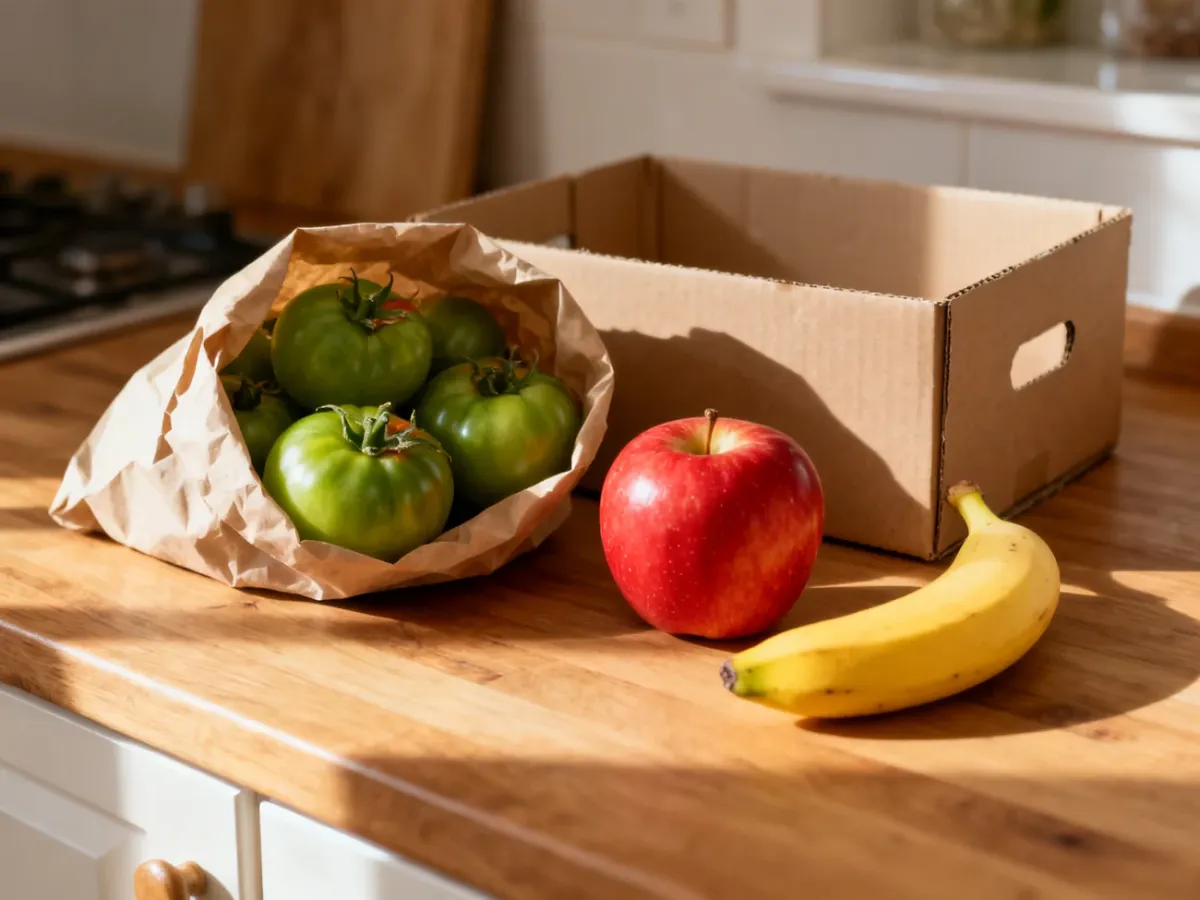 Zielone pomidory dojrzewające w domu z jabłkiem i bananem