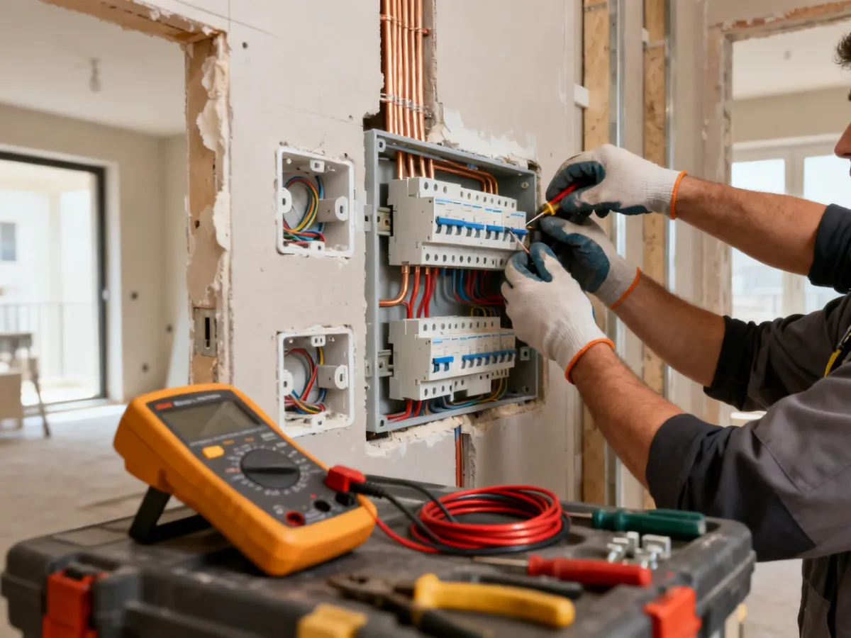 Elektryk montujący nową instalację i rozdzielnicę elektryczną