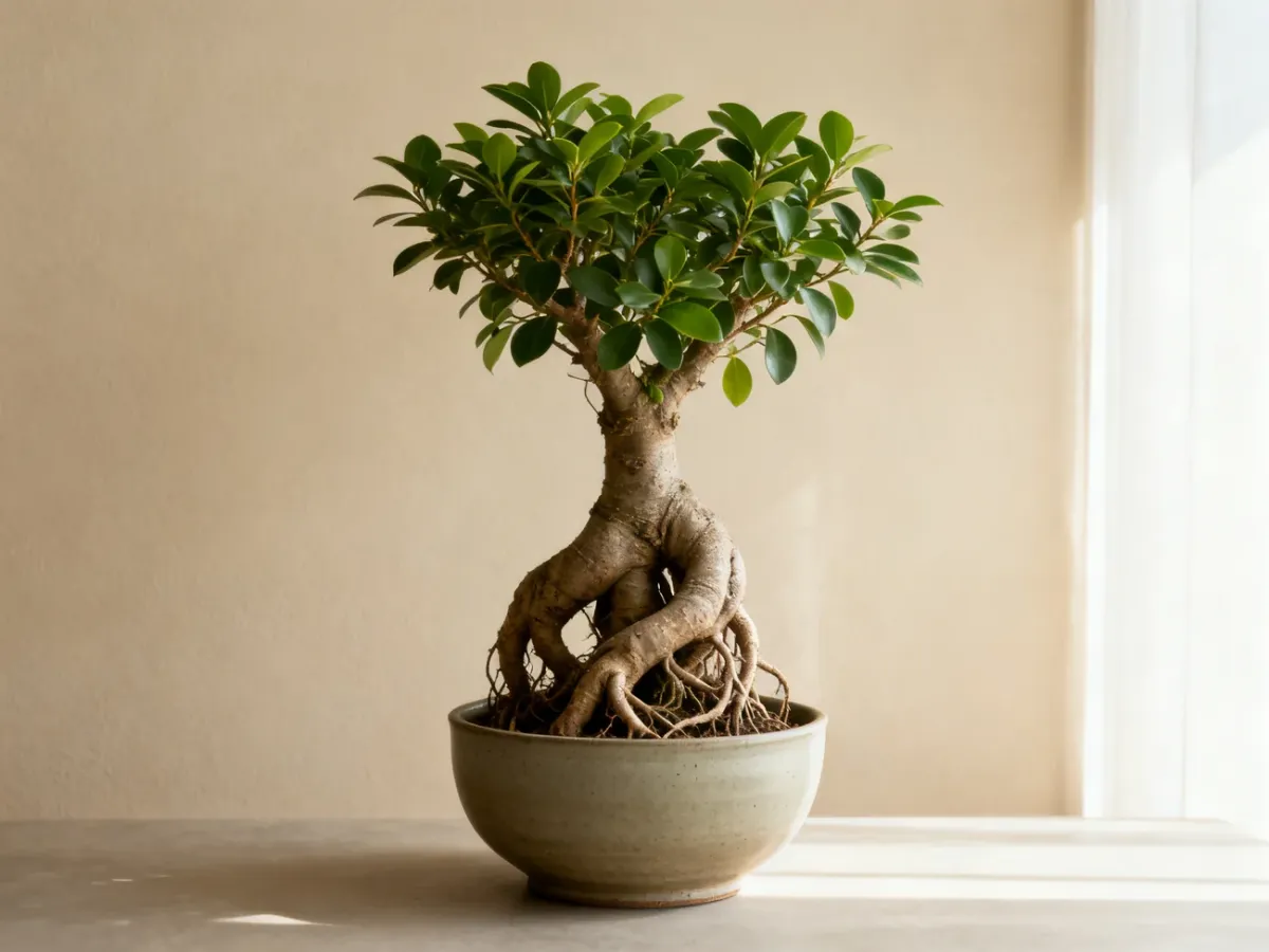 Ficus ginseng w jasnym, minimalistycznym wnętrzu