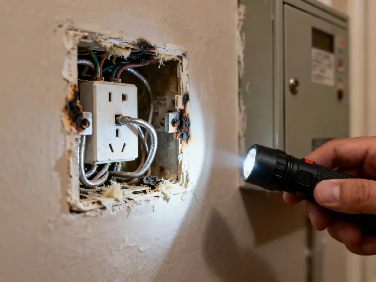 Stare aluminiowe przewody widoczne w uszkodzonym gniazdku elektrycznym