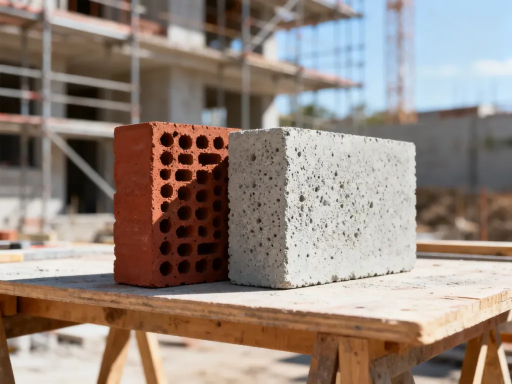 Porównanie pustaka ceramicznego i bloczka z betonu komórkowego na placu budowy.