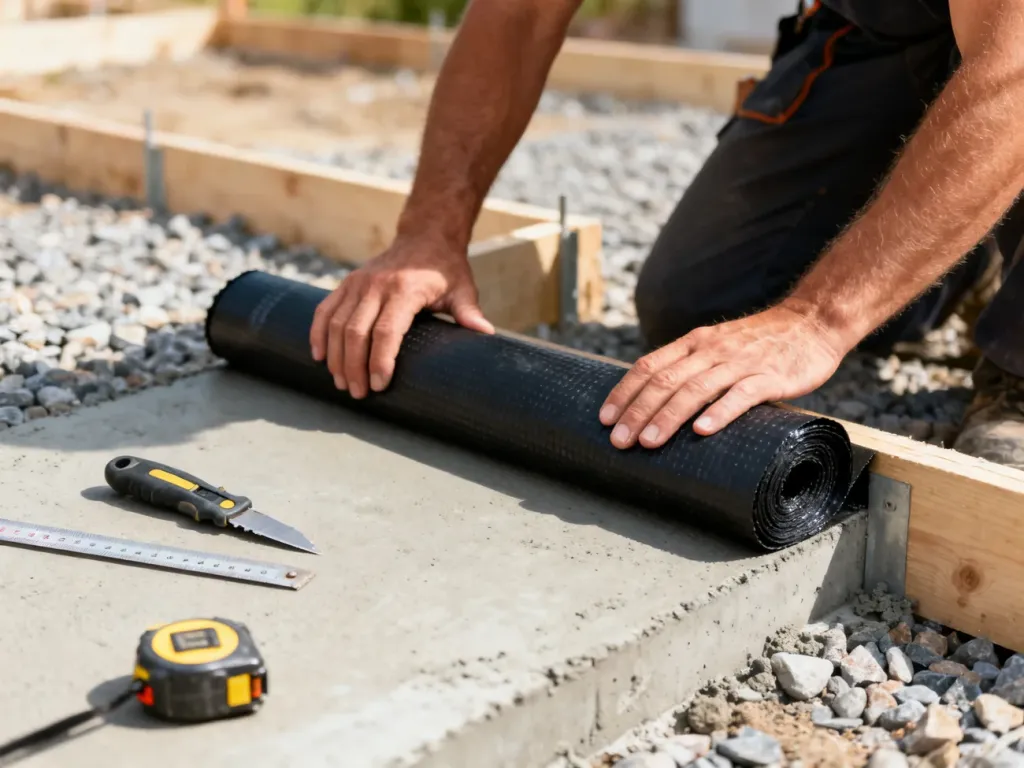 Pracownik budowlany precyzyjnie układa czarną folię fundamentową na betonowej wylewce.
