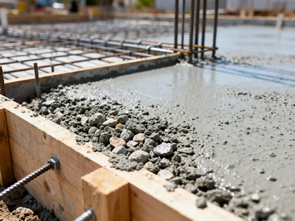 Świeżo wylany beton w szalunku fundamentowym z widocznym zbrojeniem, gotowy do utwardzenia.