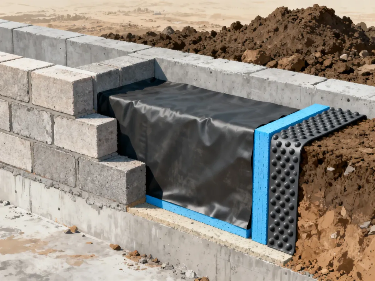 Przekrój ściany fundamentowej z hydroizolacją, płytami XPS i folią kubełkową