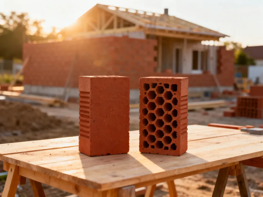 Porównanie pustaków ceramicznych Termoton i Porotherm na placu budowy. Widoczne detale struktury wewnętrznej cegieł.