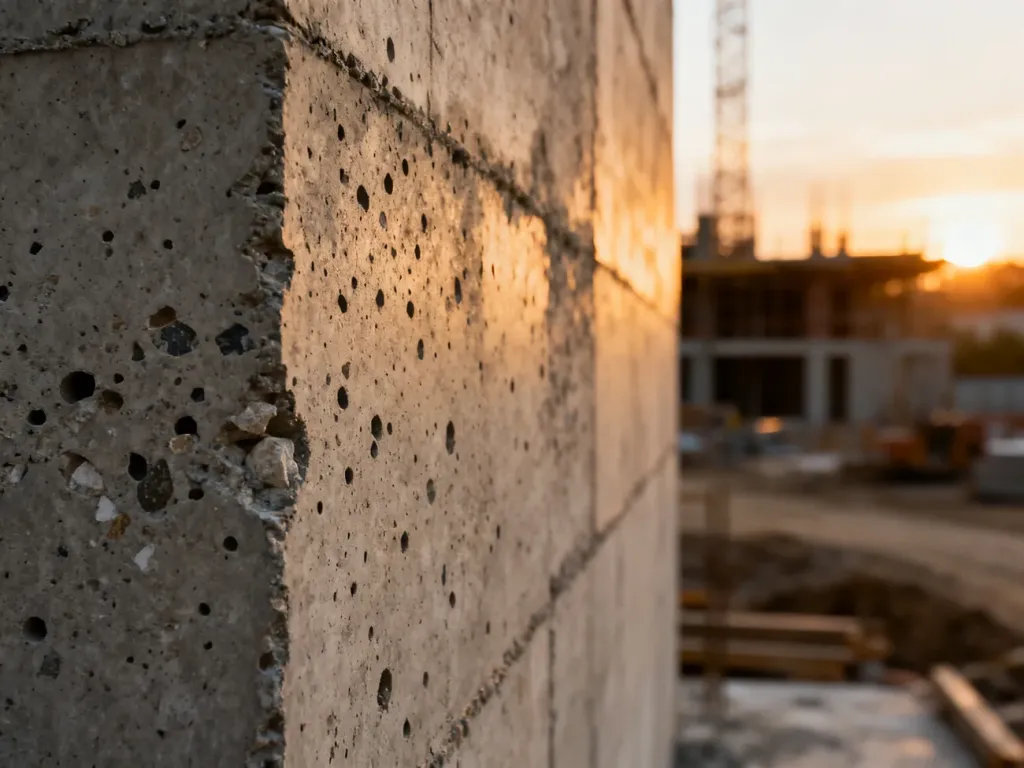 Zbliżenie na surową, teksturowaną powierzchnię betonowego muru o industrialnym charakterze w świetle zachodzącego słońca.