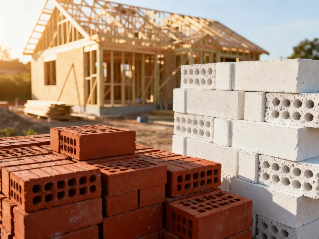 Stosy czerwonych pustaków ceramicznych i białych bloczków z betonu komórkowego na placu budowy w świetle zachodzącego słońca.