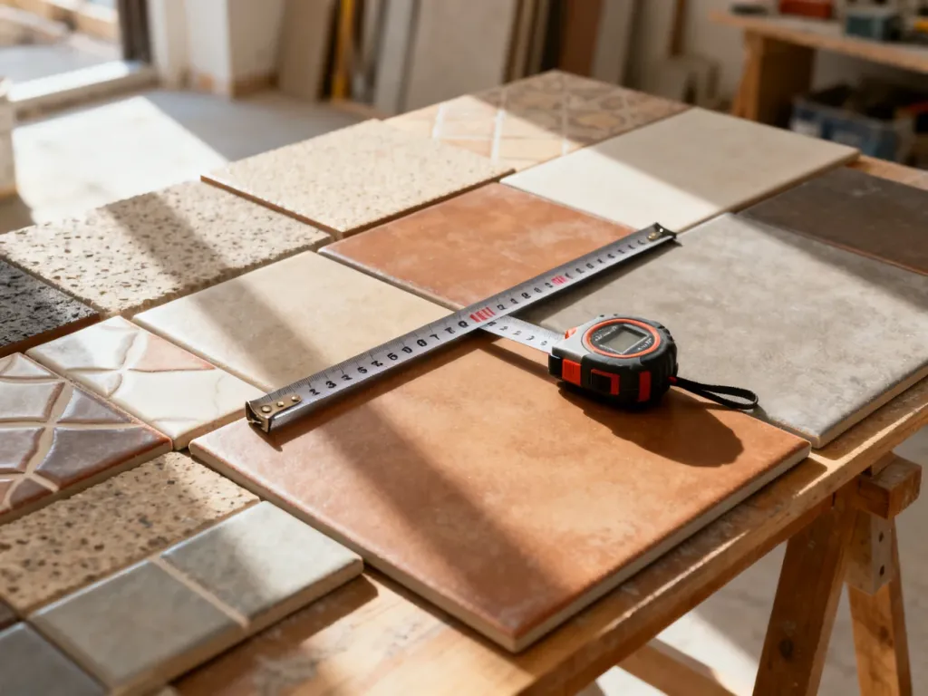 Próbki płytek ceramicznych o różnych wzorach i fakturach ułożone na stole z miarką budowlaną.