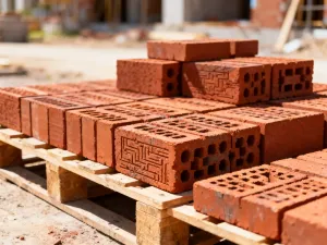 Stos cegieł ceramicznych o porowatej fakturze na placu budowy, oświetlony ciepłym światłem słonecznym.