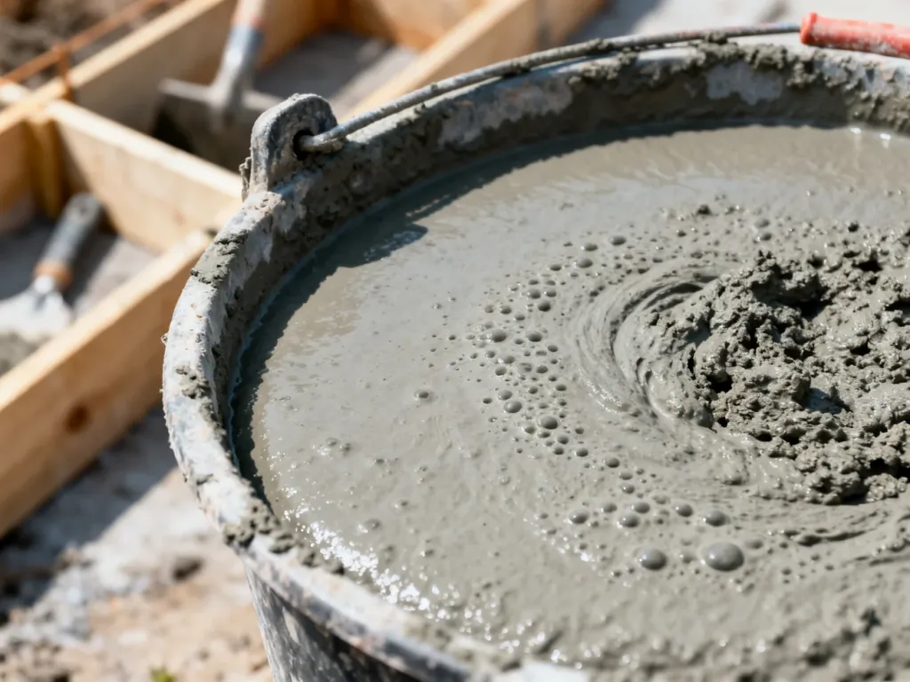 Gładka masa betonowa w wiadrze budowlanym, ukazująca jednolitą konsystencję uzyskaną dzięki zastosowaniu plastyfikatora.