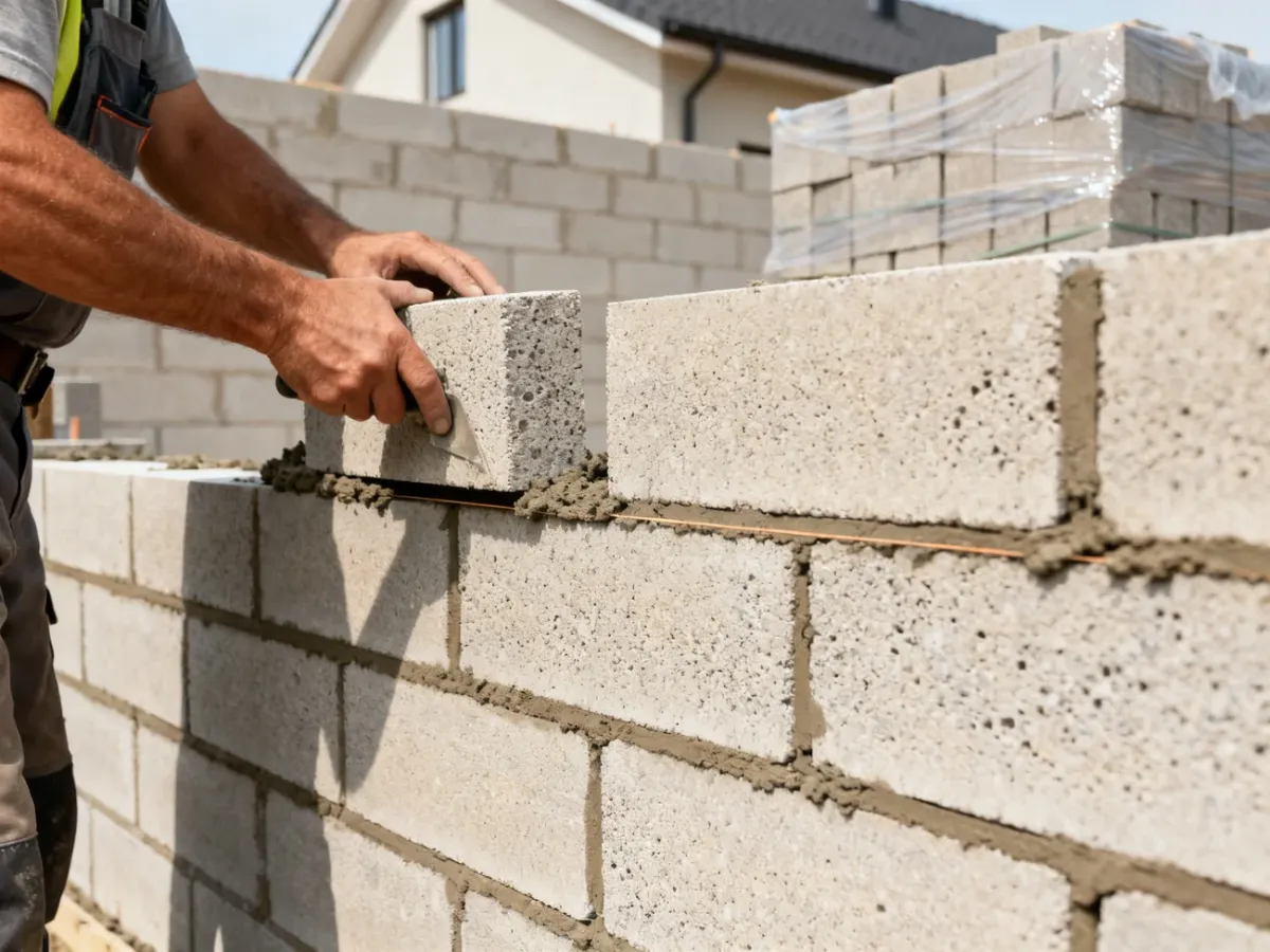 Murarz układający bloczki z betonu komórkowego na cienkiej spoinie