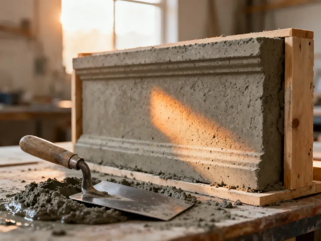 Surowa płyta z betonu architektonicznego w drewnianej formie podczas procesu odlewania na warsztatowym stole.