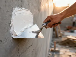 Porośnięte bloczki betonu komórkowego na placu budowy, gotowe do wznoszenia ścian nowoczesnego domu.