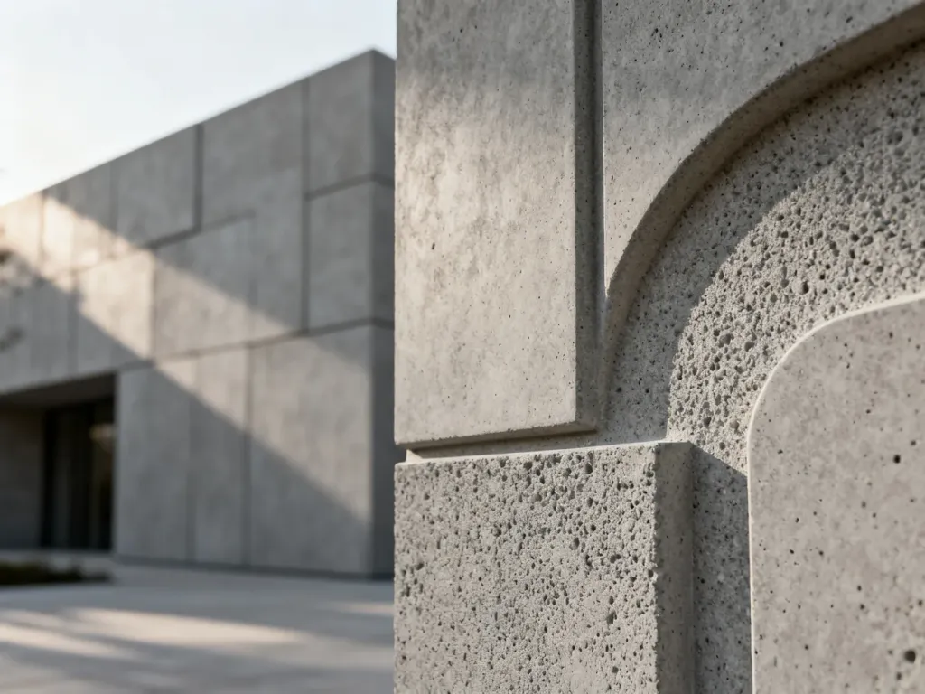 Zbliżenie na teksturowany panel z betonu GRC o wysokiej jakości wykończeniu, prezentujące jego trwałość i nowoczesny design.