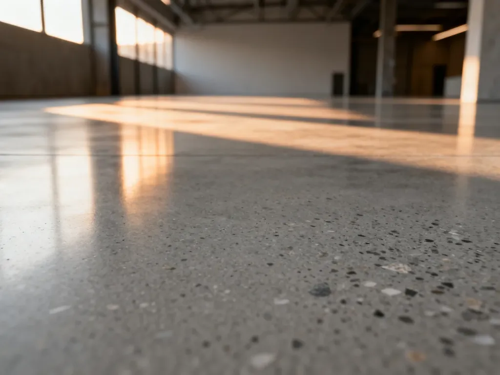 Zbliżenie na gładką, polerowaną powierzchnię betonu o szarej teksturze w nowoczesnym, industrialnym wnętrzu.
