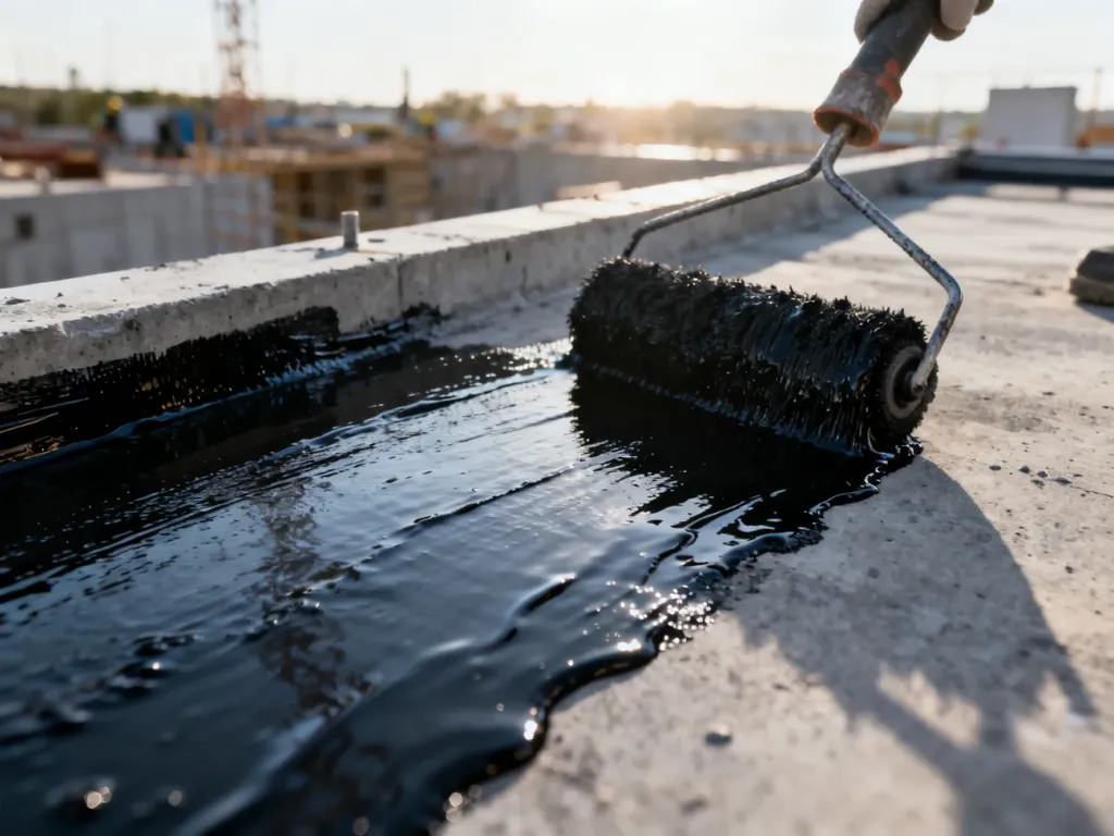 Nakładanie pędzlem płynnej papy na betonową powierzchnię dachu w celu zapewnienia izolacji przeciwwodnej.