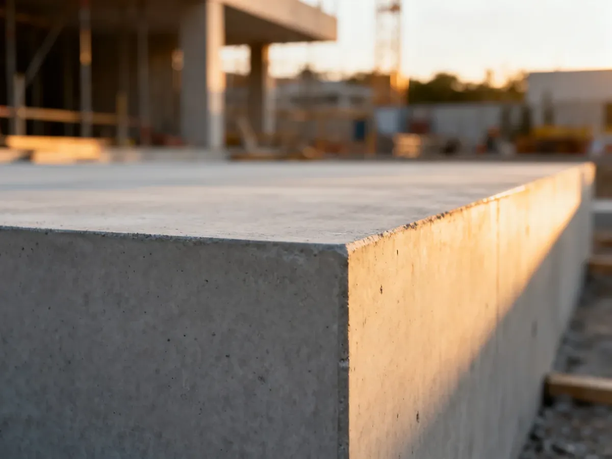 Zbliżenie na gładką, szarą powierzchnię betonu architektonicznego o wysokiej jakości w świetle zachodzącego słońca.