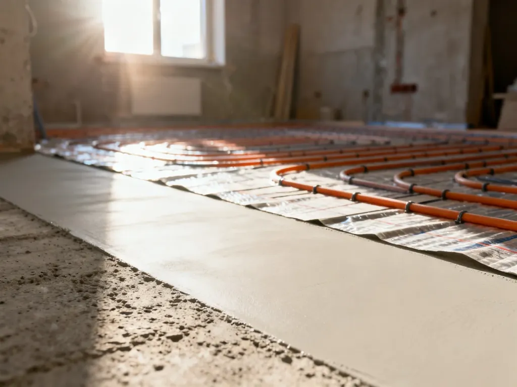 Porównanie gładkiej wylewki anhydrytowej i betonowej na tle instalacji ogrzewania podłogowego w trakcie budowy.