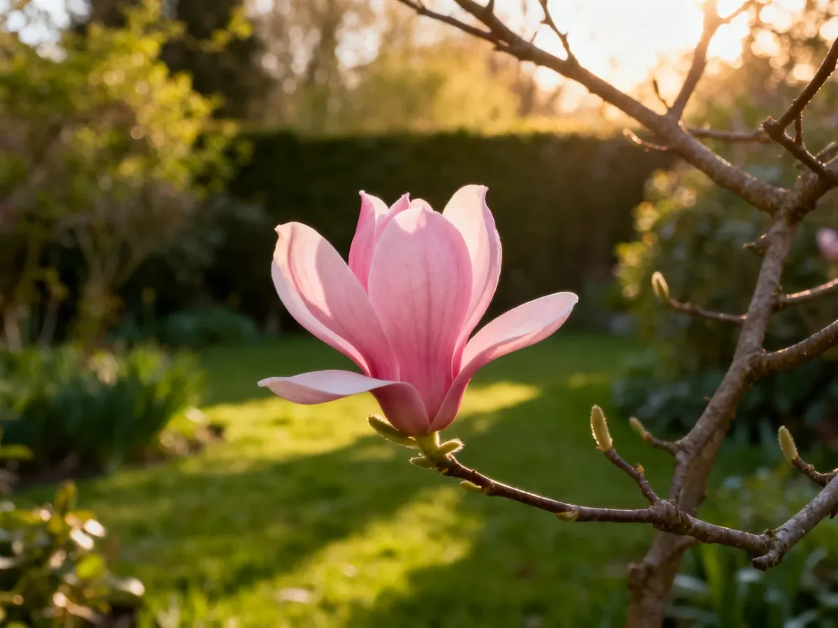 Magnolia z dużymi różowymi kielichowatymi kwiatami