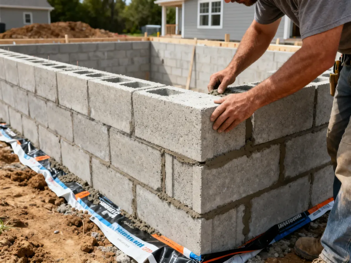 Betonowe bloczki fundamentowe podczas budowy ściany fundamentowej