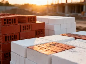 Porównanie bloczków z betonu komórkowego i ceramiki Porotherm na tle fundamentów domu w budowie.