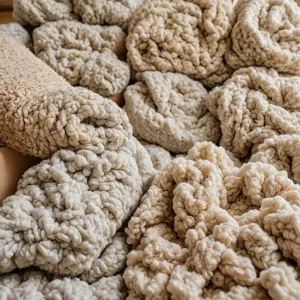 Płytki ceramiczne ułożone w równą siatkę na drewnianym stole, ukazujące fakturę i ciepłą kolorystykę materiału.