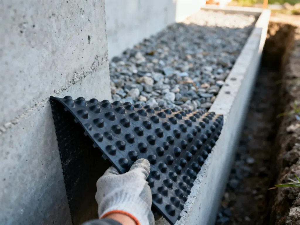 Pracownik montuje czarną folię kubełkową na ścianie fundamentowej, zabezpieczając izolację przeciwwilgociową budynku.