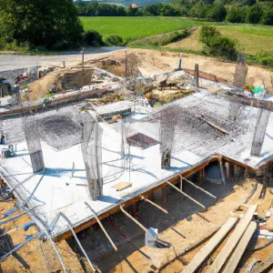 Szare panele z betonu architektonicznego na ścianie oraz narzędzia murarskie przygotowane do montażu okładziny.