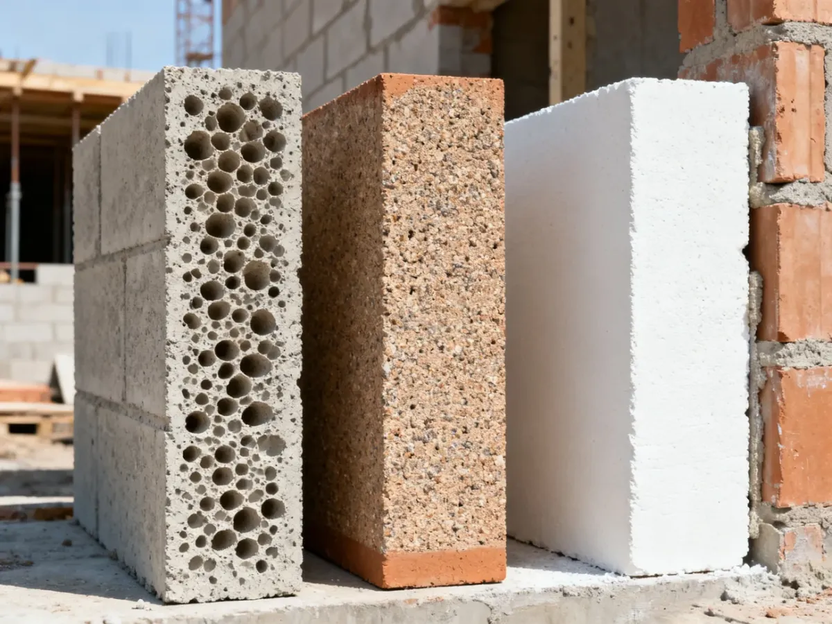 Porównanie bloczków z betonu komórkowego, ceramiki poryzowanej i silikatów na placu budowy