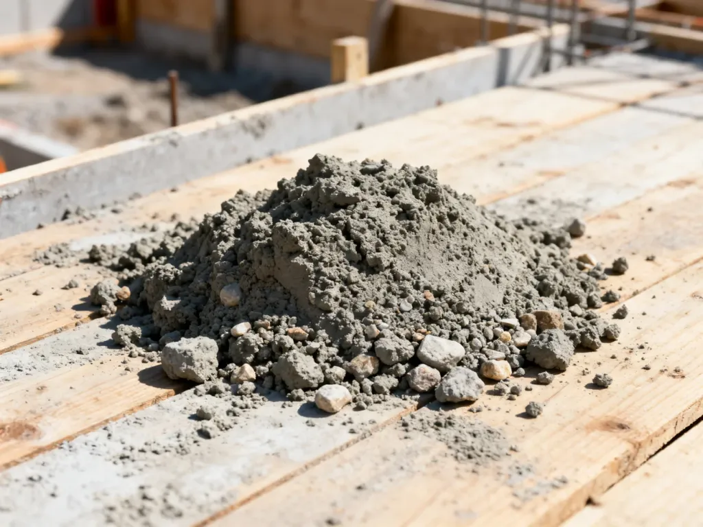 Sterta półsuchej mieszanki betonowej o ziarnistej strukturze na drewnianym podłożu placu budowy.