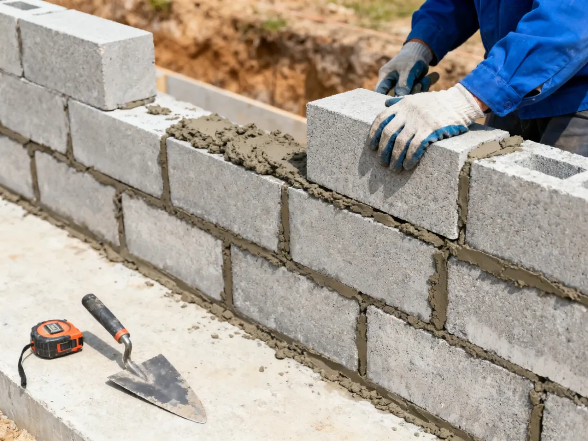 Układanie bloczków betonowych na murze fundamentowym z zaprawą